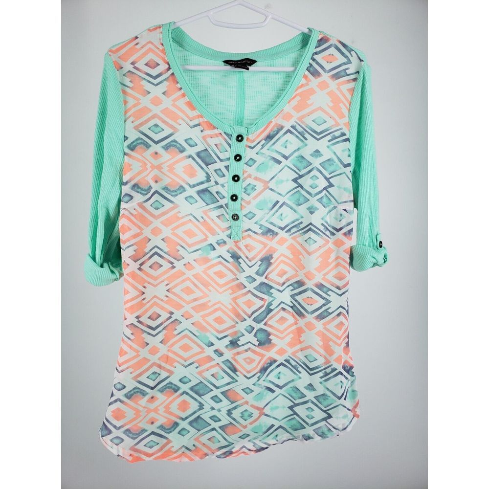 Bit And Bridle Henley Women's Size S Blue Neon Orange‎ Mixed Media Top Ribbed